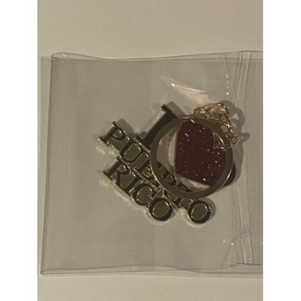 I Love Puerto Rico Heart Keychain Gold Tone Glitter Red Souvenir Travel Item